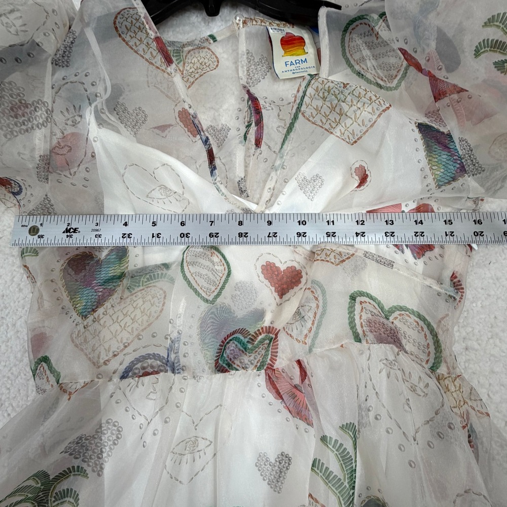 Farm Rio x Anthropologie Semi-Sheer Puff-Sleeve Mini Heart Dress White Small - Picture 5 of 9